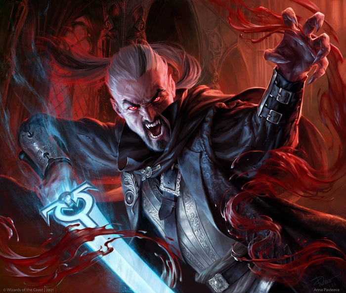 Vampire with glowing red eyes and a sword