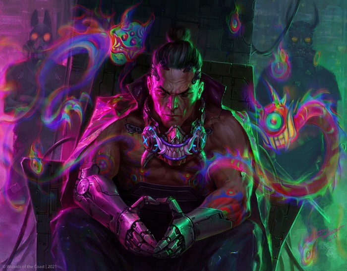 Magic: The Gathering Character with Cybernetic Arm and Spirits