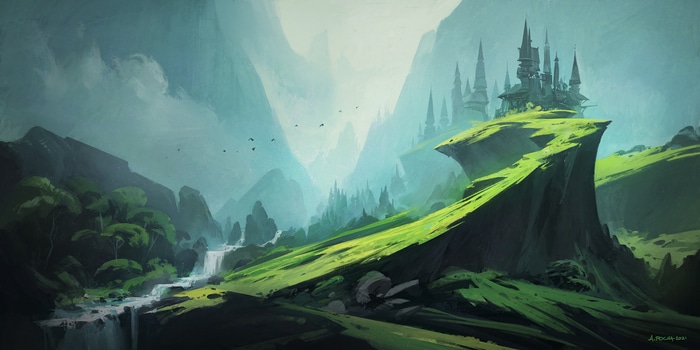 Fantasy castle on a cliff overlooking a valley with a waterfall