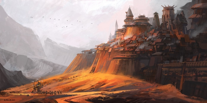Fantasy city on a cliff by Andreas Rocha