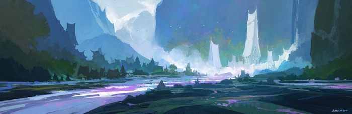 Fantasy village by a river with tall mountains
