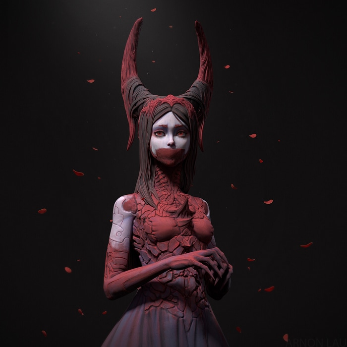 Fantasy art of a woman with horns and red eyes