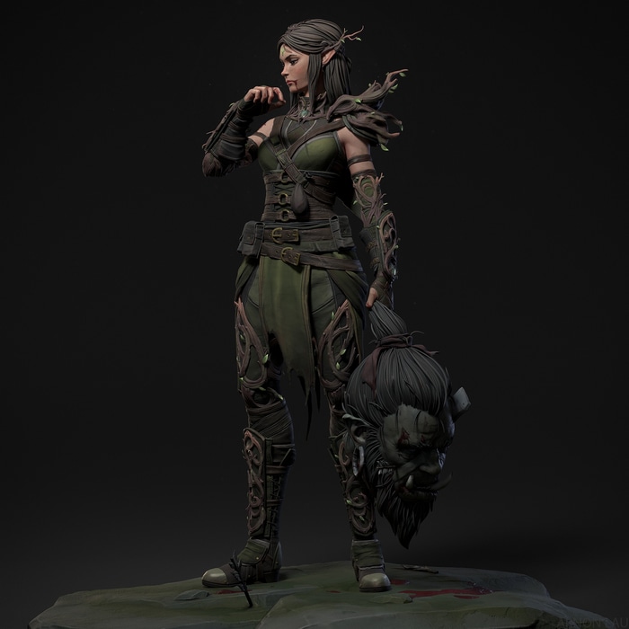 Fantasy Elf Warrior Holding Orc Head