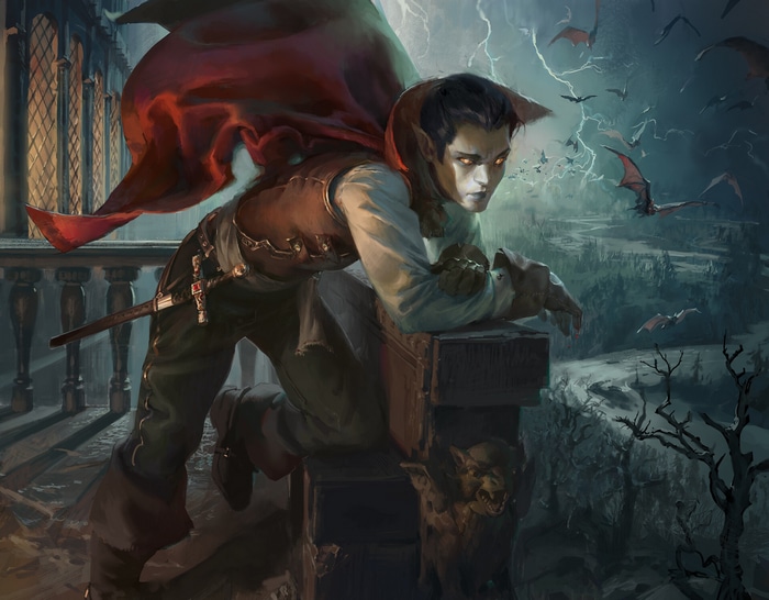 Vampire with red cape and bats in stormy landscape