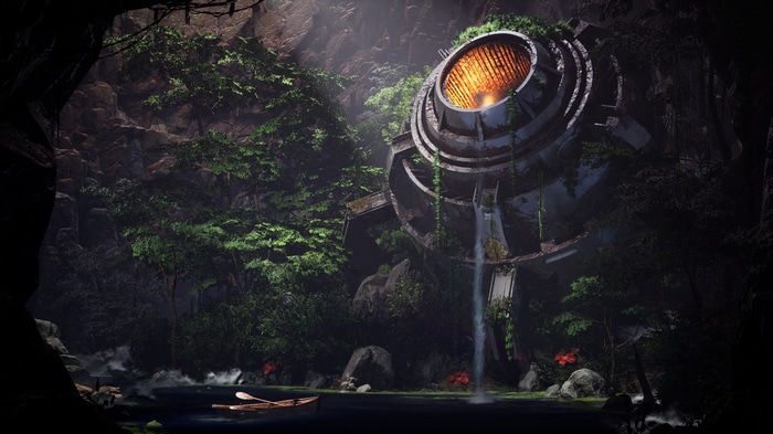 Futuristic structure overgrown with plants in a cave
