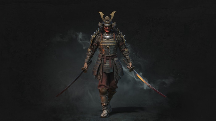 Samurai warrior in ornate armor holding two katanas