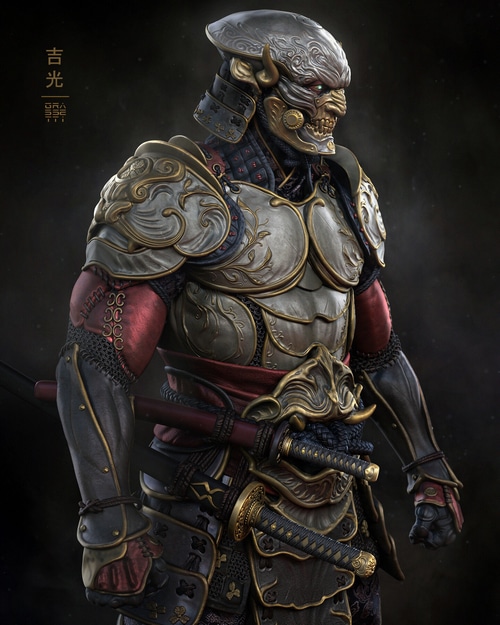 Samurai warrior in ornate armor with swords
