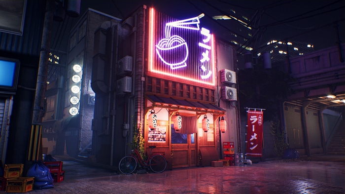 Neon ramen shop on a wet city street at night