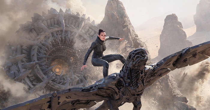 Woman riding a mechanical creature in a desert landscape