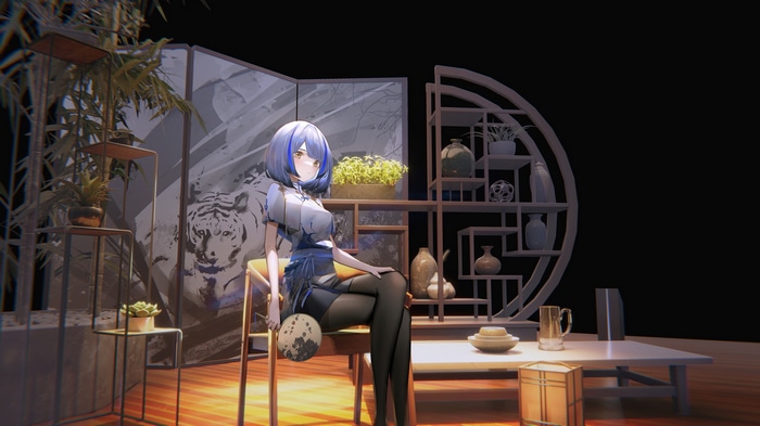 Woman with blue hair sitting in a chair