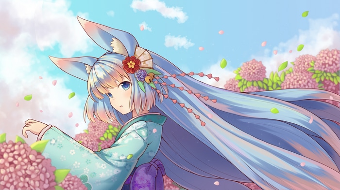 Anime girl with fox ears in a kimono