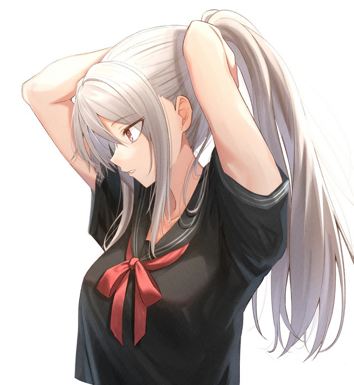 Artwork of a girl with silver hair tying her ponytail
