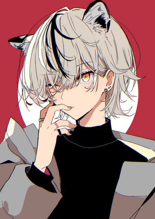 Anime boy with cat ears and gray hair