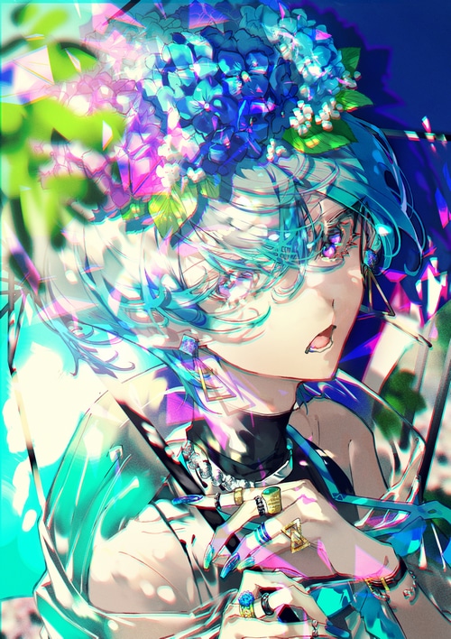 Artwork of a person with cyan hair and purple eyes