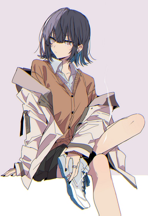 Anime girl with shoulder-length dark hair smoking