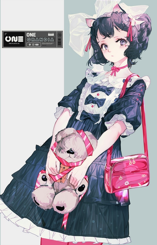 Artwork of a girl with animal ears holding a teddy bear