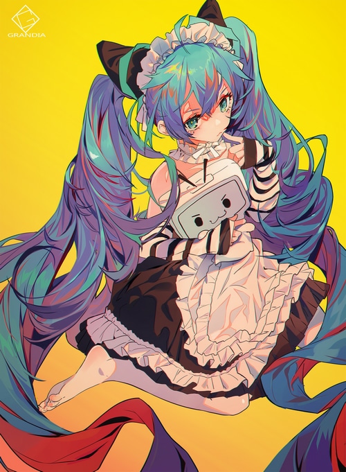 Hatsune Miku in a Maid Outfit Holding a Device