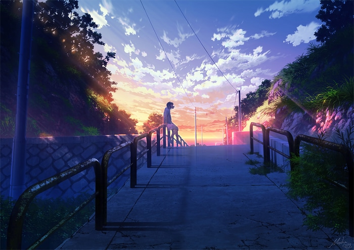 4K anime scene with clouds and trees