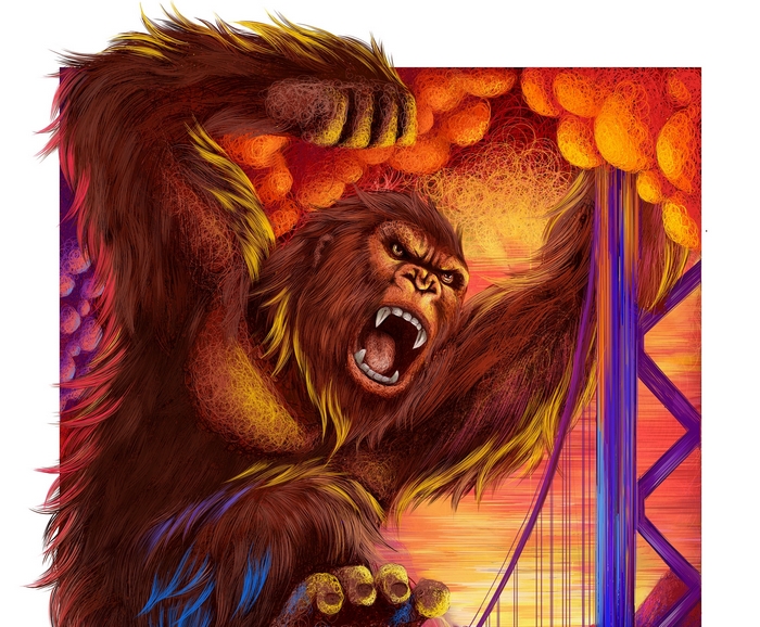 King Kong roaring on a bridge
