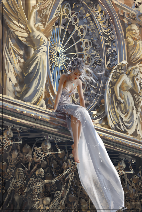 Artwork of a woman in a white dress sitting on a ledge