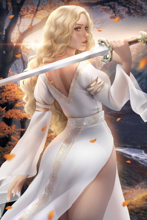 4K Éowyn with sword in fall sunset