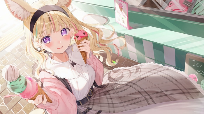 Anime girl with animal ears eating ice cream
