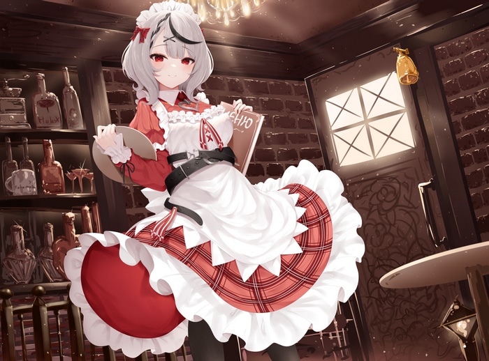 Anime girl in maid outfit holding a menu