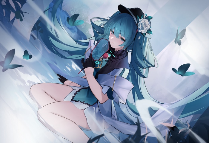 Woman with blue hair and hat holding a fan