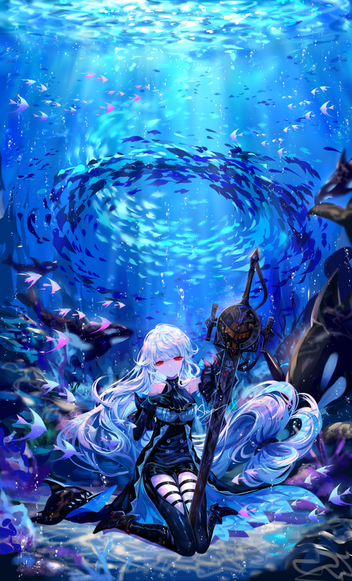 Skadi with a sword underwater surrounded by fish and orcas