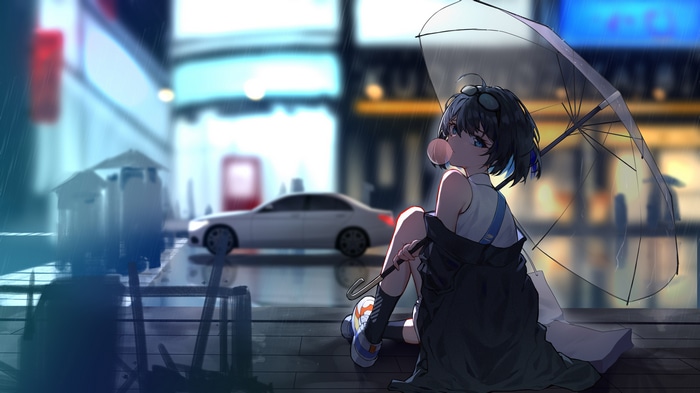 4K Seele Vollerei with umbrella in the rain