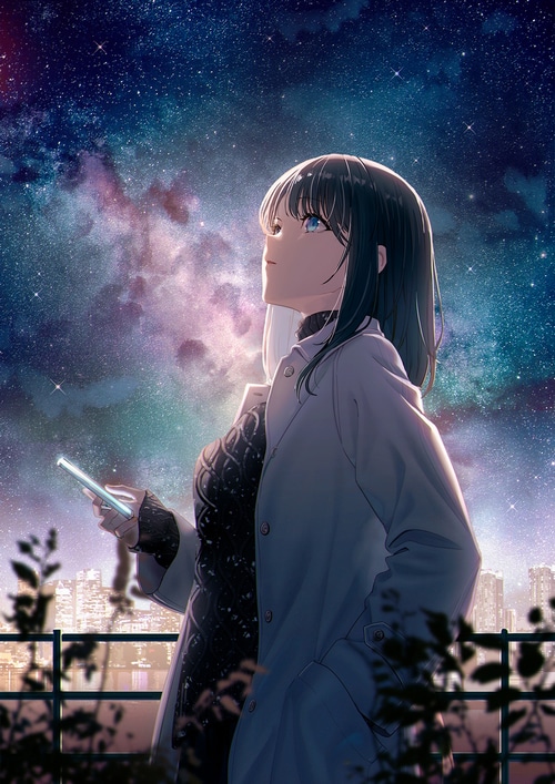 Anime girl with blue eyes looking at the starry sky