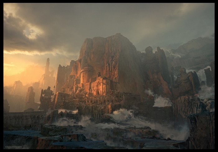 Ancient ruins built into a rocky mountain landscape