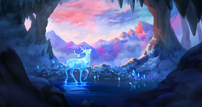 Glowing deer in a mystical cave with mountains