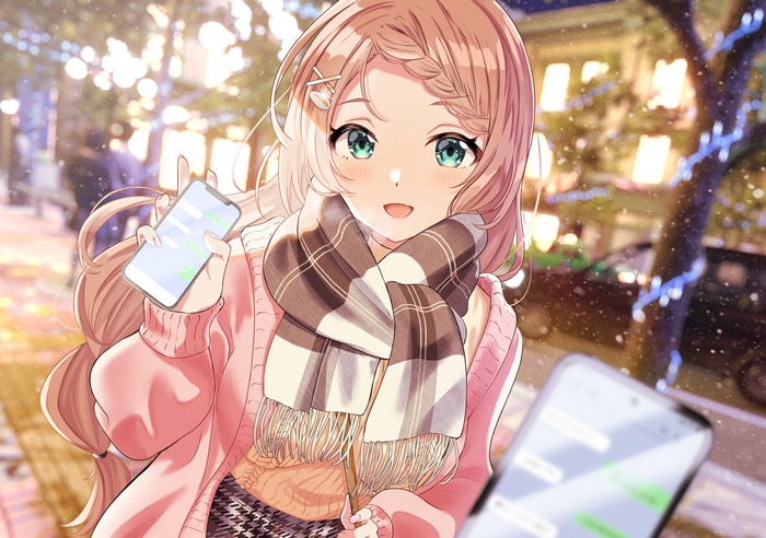Anime girl in winter with a scarf and smartphone