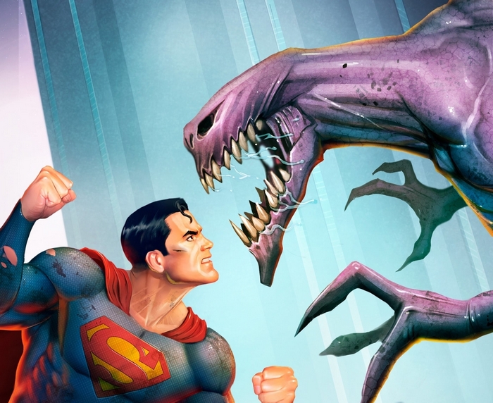 Superman fights a purple monster