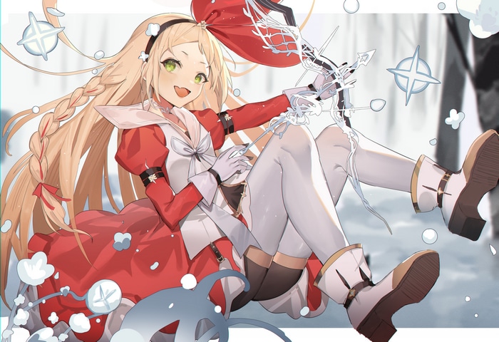 Anime girl with blonde hair and green eyes in a red dress