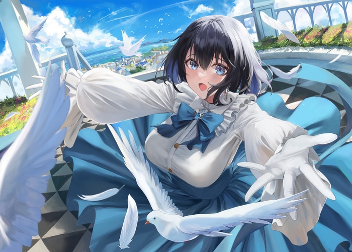 Fantasy girl with doves on a balcony