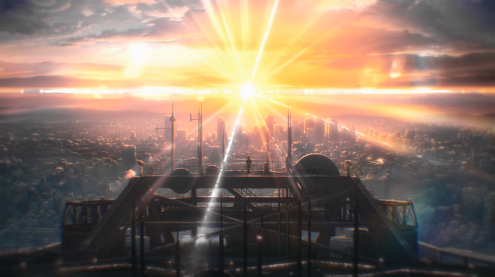 Cityscape at Sunrise with a Person on a Platform