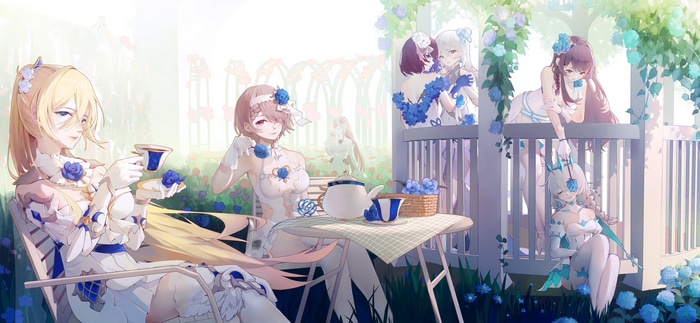 Honkai Impact 3rd characters in wedding dresses at a tea party
