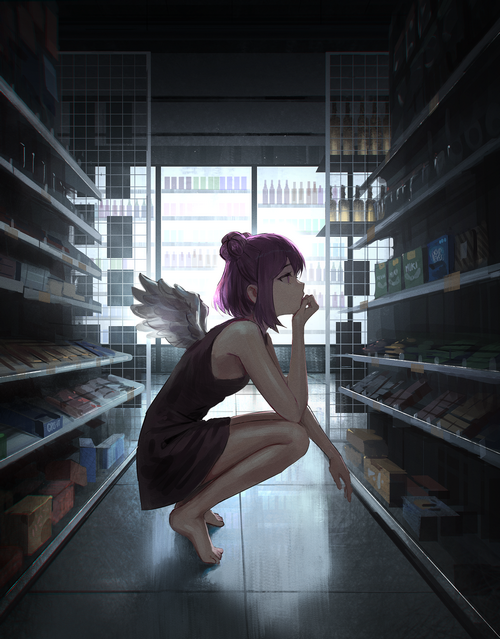 Girl with wings in a supermarket aisle