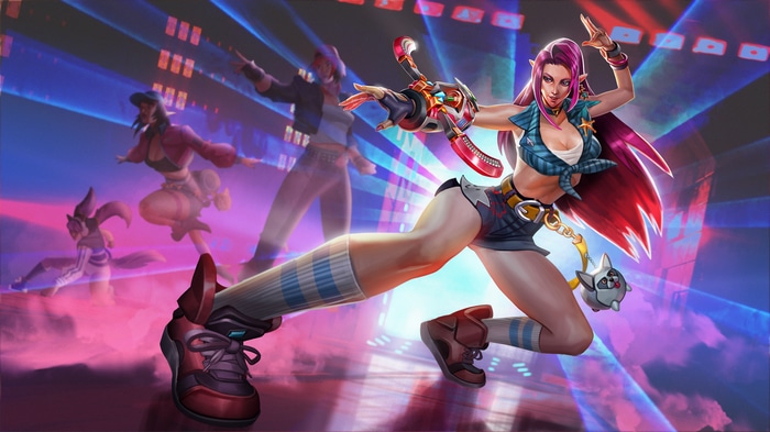 Women dancing in a club with purple hair and jean shorts