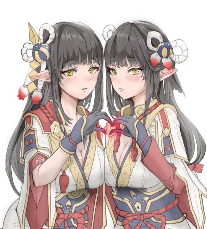 Hinoa and Minoto from Monster Hunter Rise making a heart