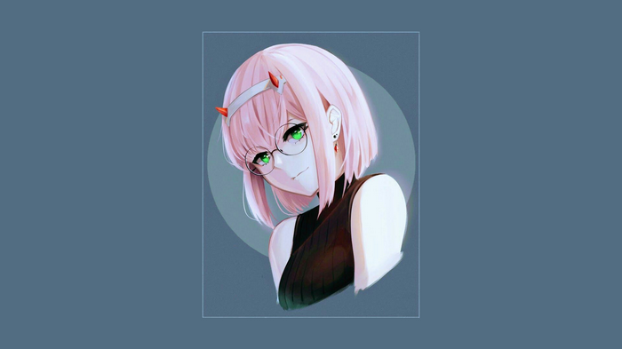 Zero Two with pink hair and green eyes wearing glasses