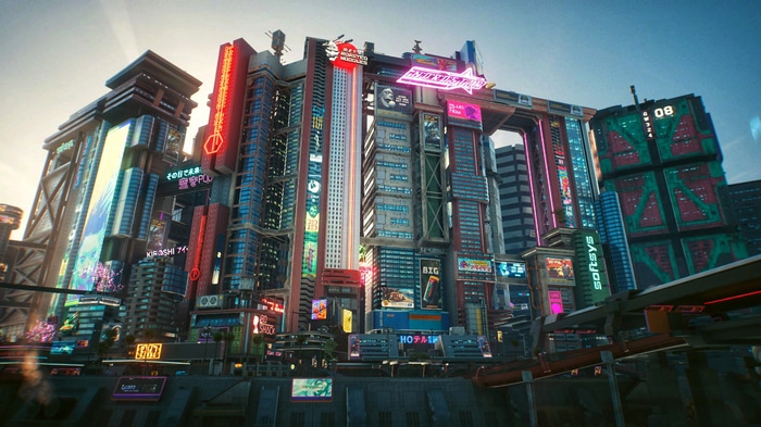 Cyberpunk 2077 Night City Buildings with Neon Signs