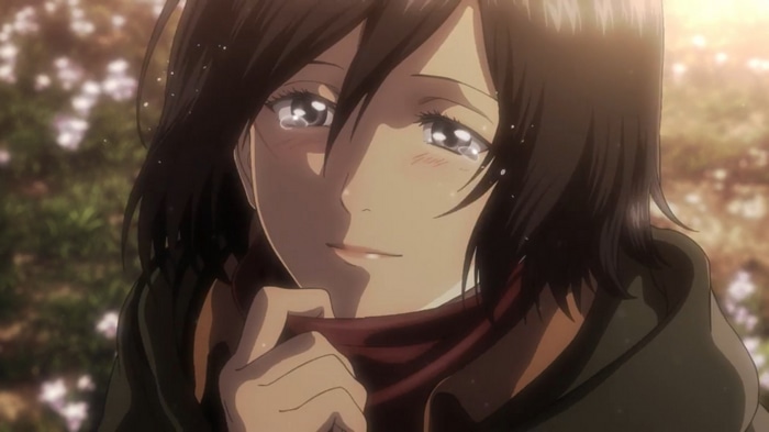 Mikasa Ackerman crying in a garden