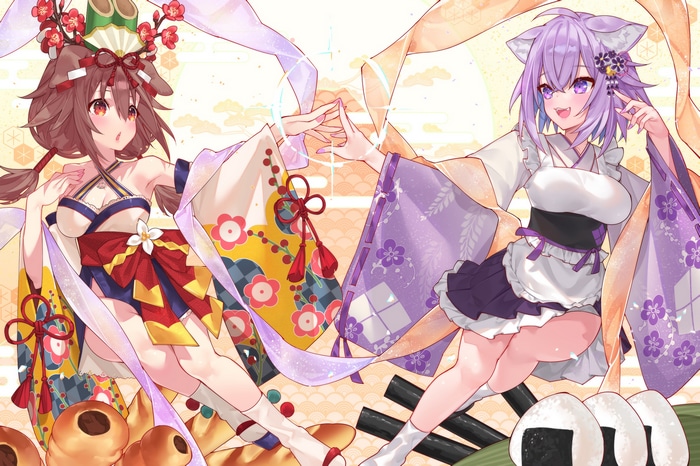 Two anime girls in kimonos with food