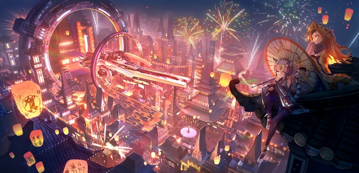 Futuristic Cityscape with Fireworks and Lanterns