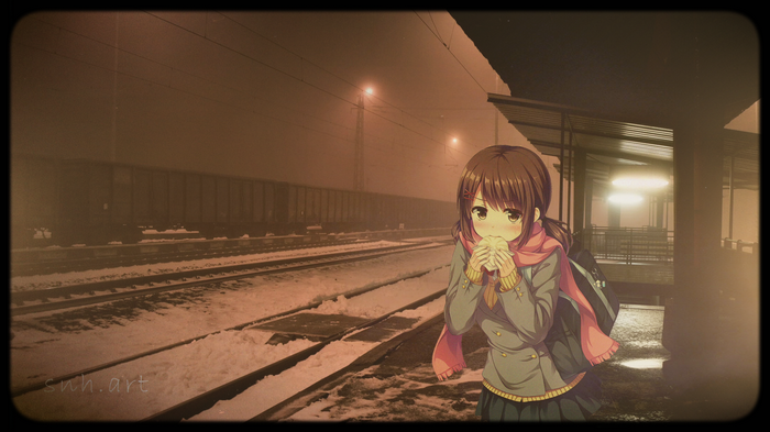 Anime girl eating at a snowy train station at night