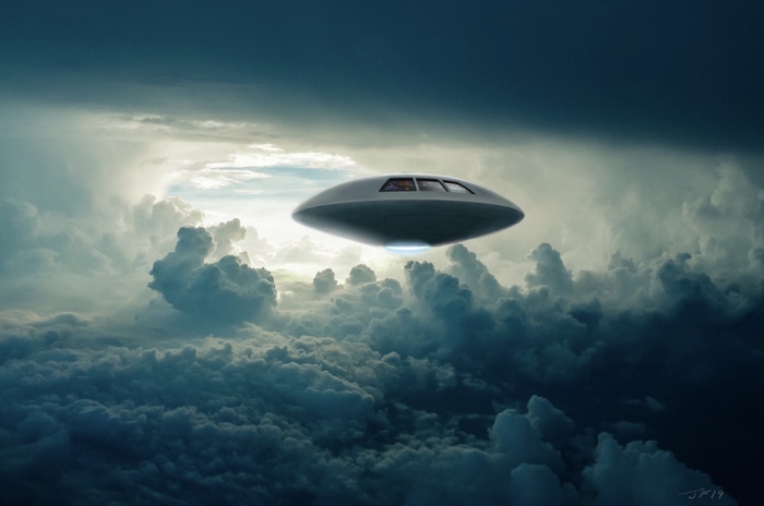 UFO flying through stormy clouds