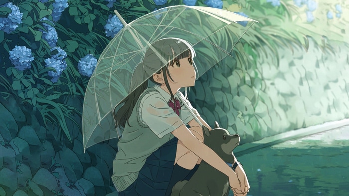 Girl with umbrella and dog under hydrangeas